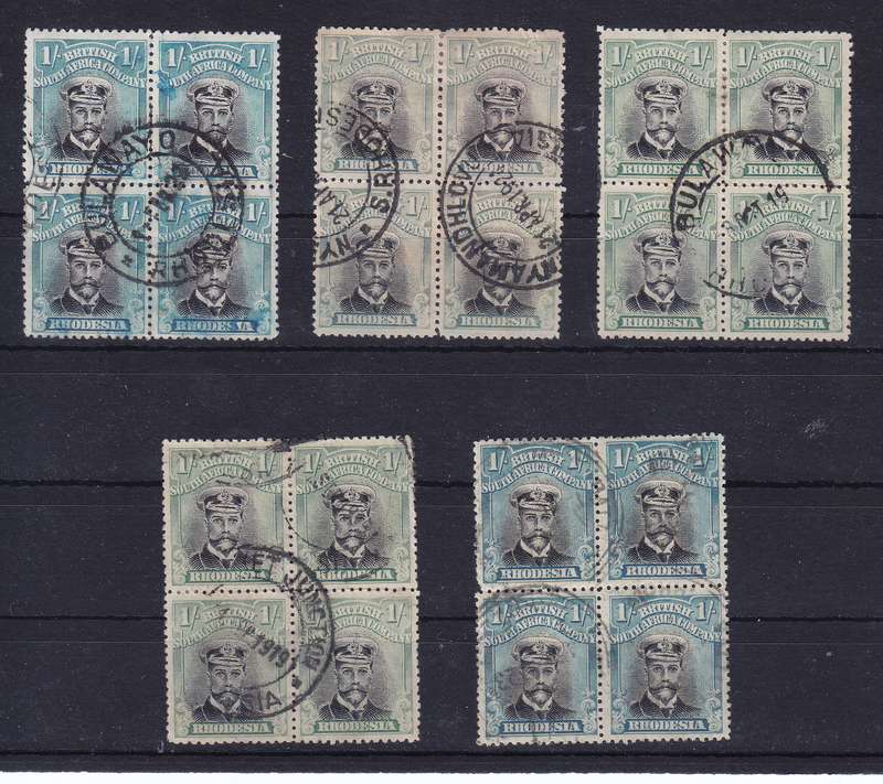 RHODESIA BSAC 1918 ADMIRAL 1/- SHADES SG 271-272B DIE 111B USED BLOCKS   CV R15000