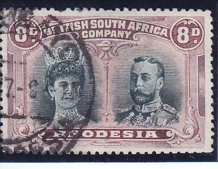 RHODESIA BSAC 1910 DOUBLE HEAD 8d USED   CV R1800