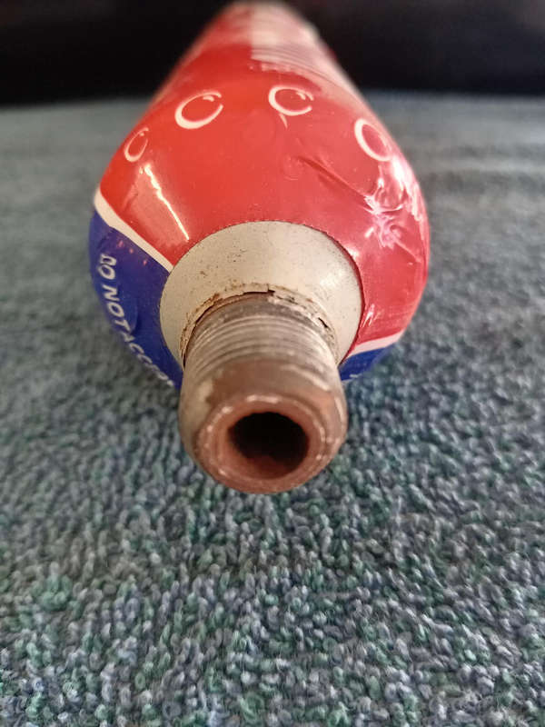 SODA STREAM CO2 CYLINDER. VALVE REMOVED.