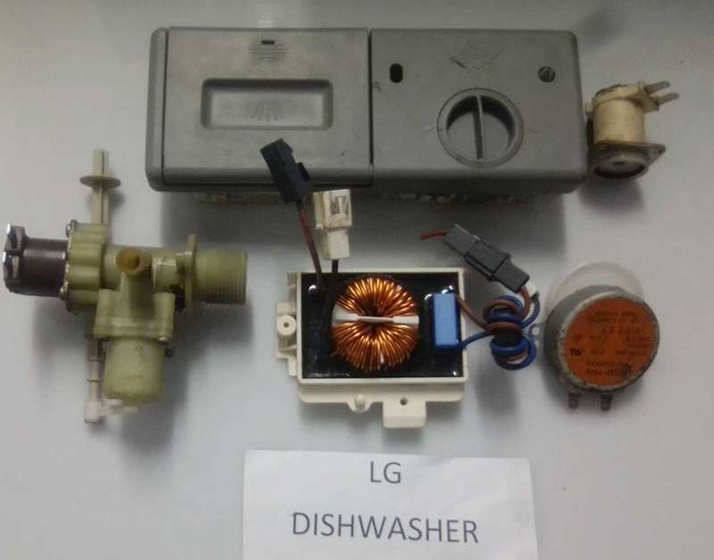 LG DISHWASHER DETERGENT DISPENSER, SOLENOID VALVES ETC. AS PER PHOTO.