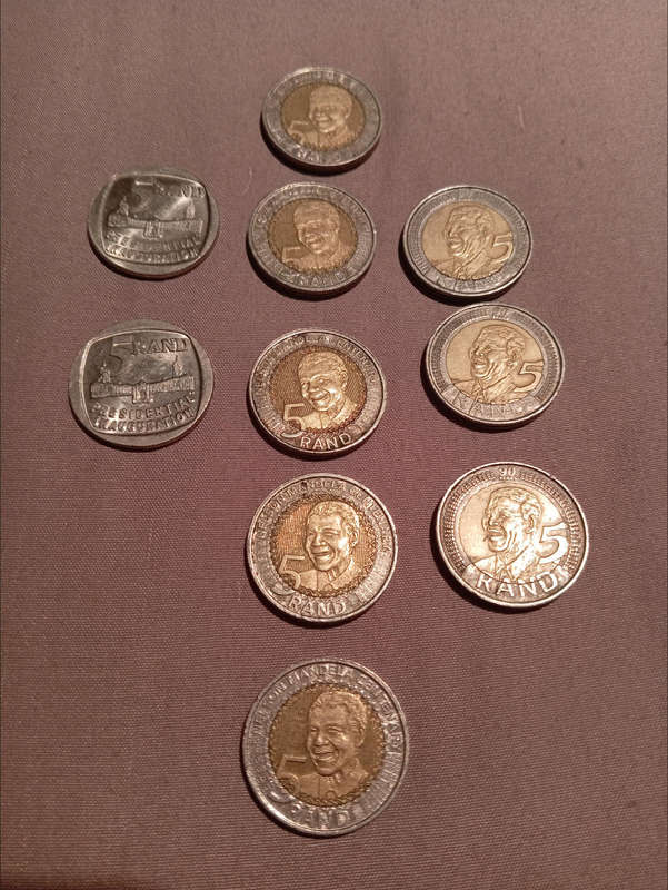 PRESIDENTIAL INAUGURATION AND MANDELA R5 RSA COMMEMORATIVE COINS. TOTAL OF 10.
