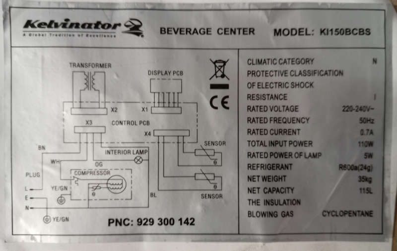REFRIGERATION SPARES : KELVINATOR BEVERAGE COOLER MODEL :  KI150BCBS PC BOARDS
