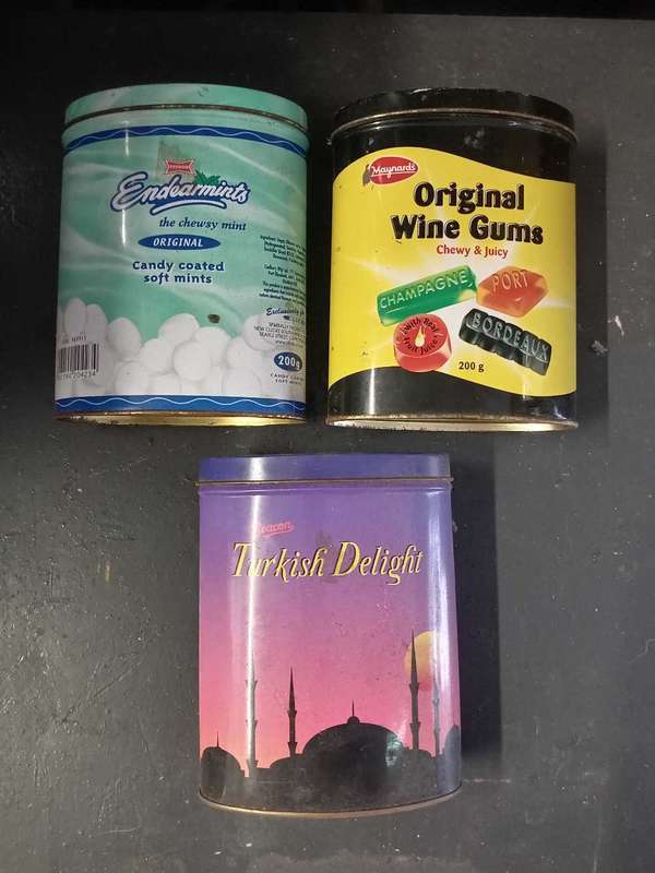 SWEET TINS. TURKISH DELIGHT, ENDEARMINTS, WINE GUMS