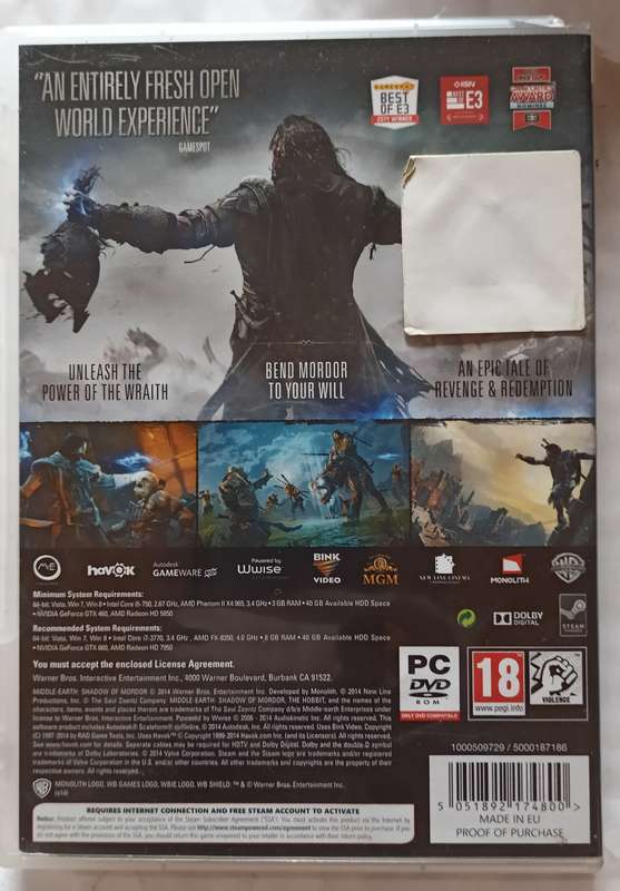 Middle-Earth Shadow of Mordor for PC (brand new)