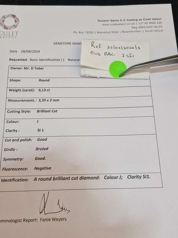 Natural, certified 0.13ct Diamond