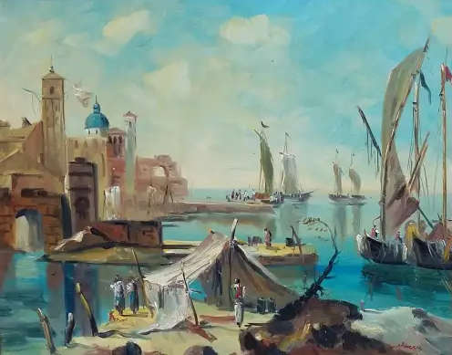 vintage oil painting of a harbour scene