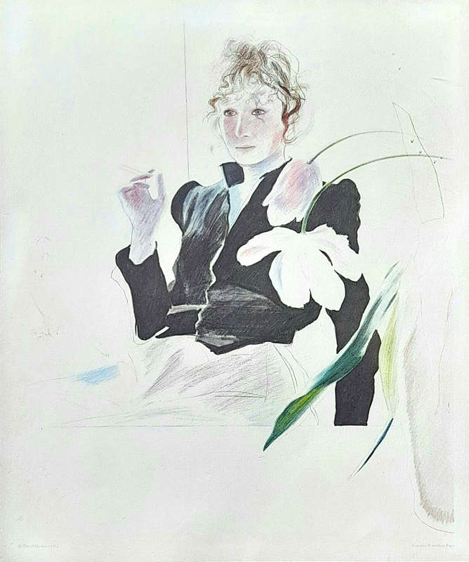 David Hockney - Cecilia In Black Dress With White Flowers print