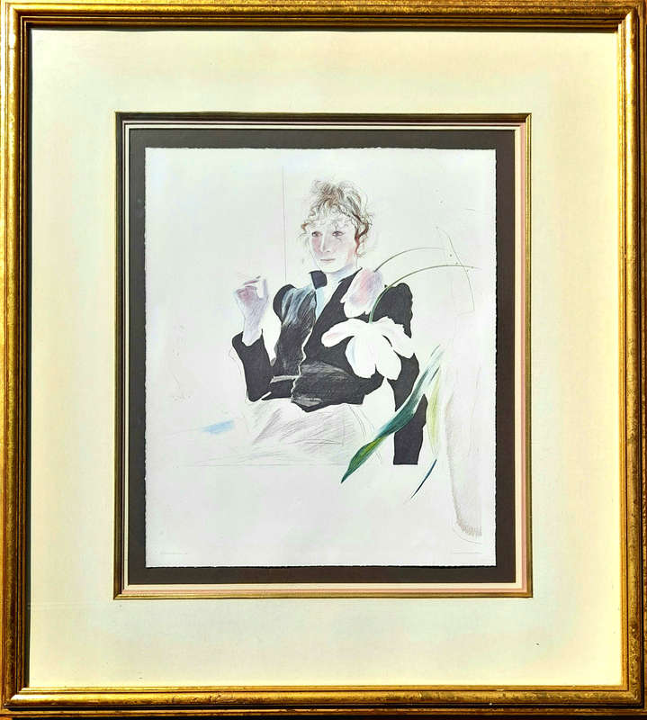 David Hockney - Cecilia In Black Dress With White Flowers print