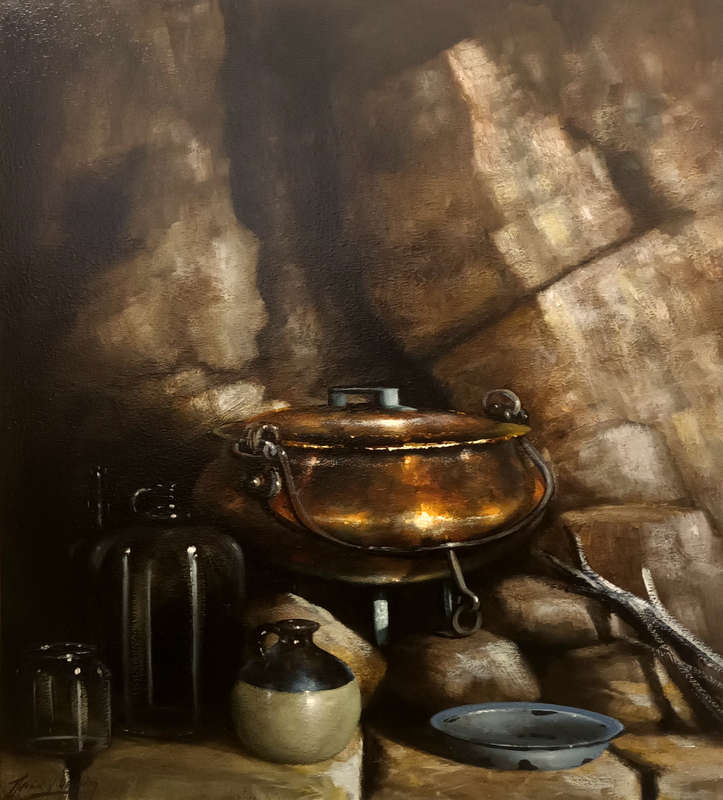 Denzil Herring Large Oil Painting - Still Life With Copper Pot