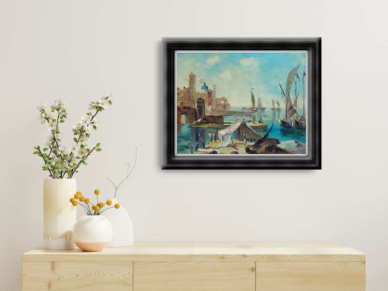 vintage oil painting of a harbour scene