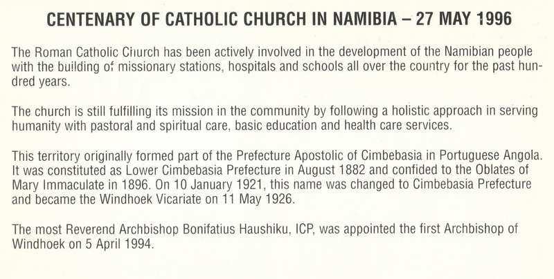NAM 1996-05-27 Centenary of Catholic Mission in Namibia FDC 2.14 [SACC R8]