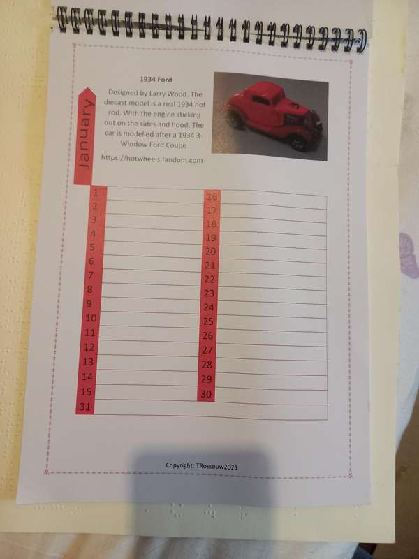 Hotwheels Universal Calender - home made gloss paper