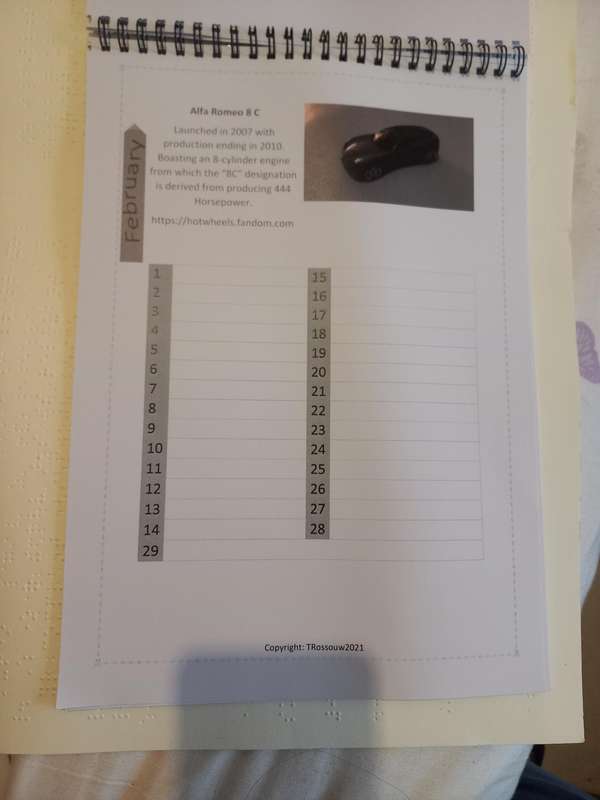 Hotwheels Universal Calender - home made gloss paper