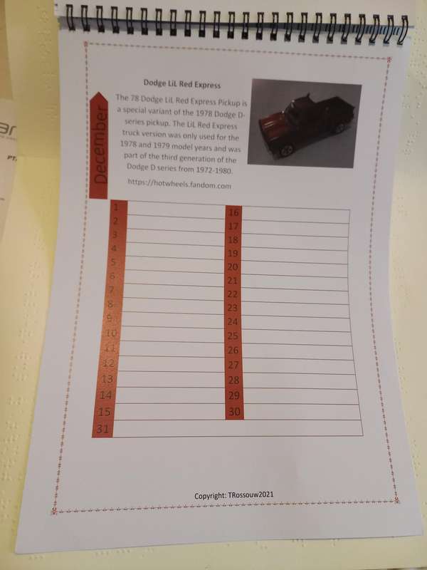 Hotwheels Universal Calender - home made gloss paper