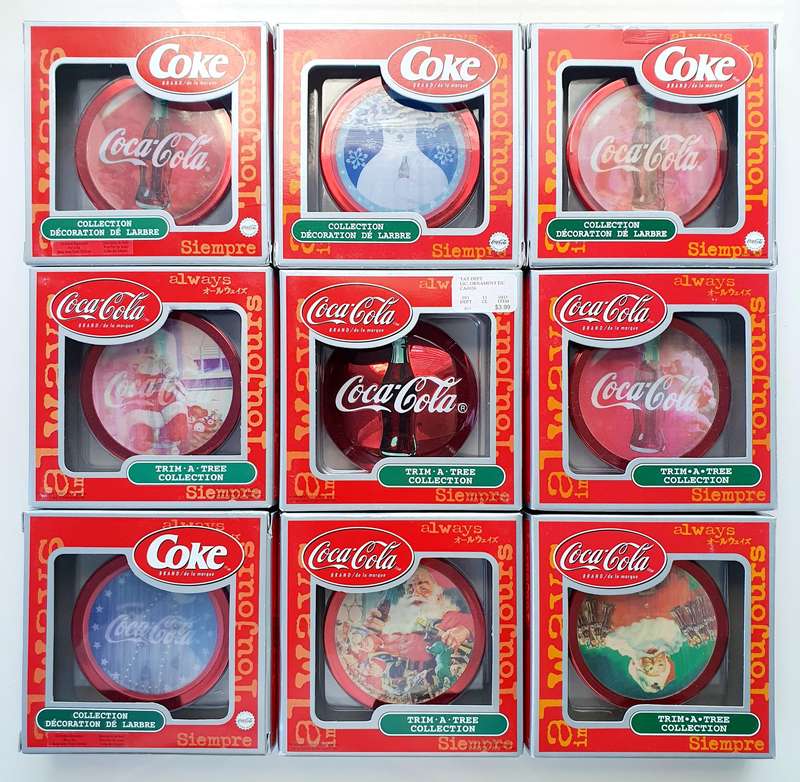 SET OF 9 HIGHLY COLLECTIBLE COCA-COLA TRIM A TREE ORNAMENTS  VINTAGE HOLIDAY CLASSICS