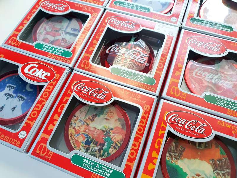 SET OF 9 HIGHLY COLLECTIBLE COCA-COLA TRIM A TREE ORNAMENTS  VINTAGE HOLIDAY CLASSICS
