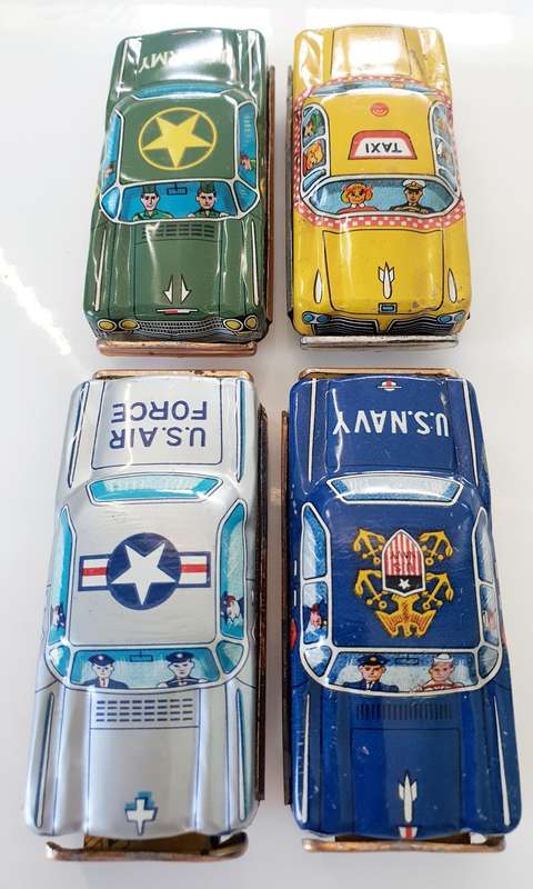 4X 1950 VINTAGE JAPANESE ORIGINAL NOMURA TIN CARS IN EXCELLENT CONDITION - HIGH VALUE COLLECTIBLES