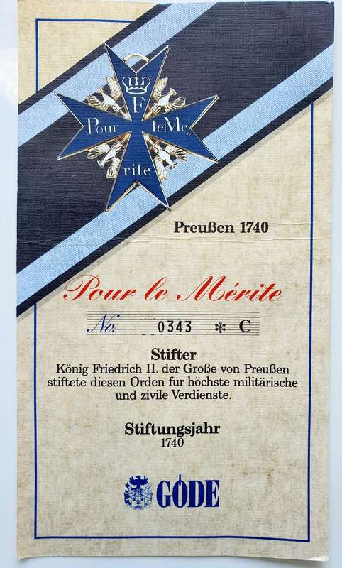 GÖDE pour le merite, or "Blue Max," medal, a prestigious Prussian military order established in 1740