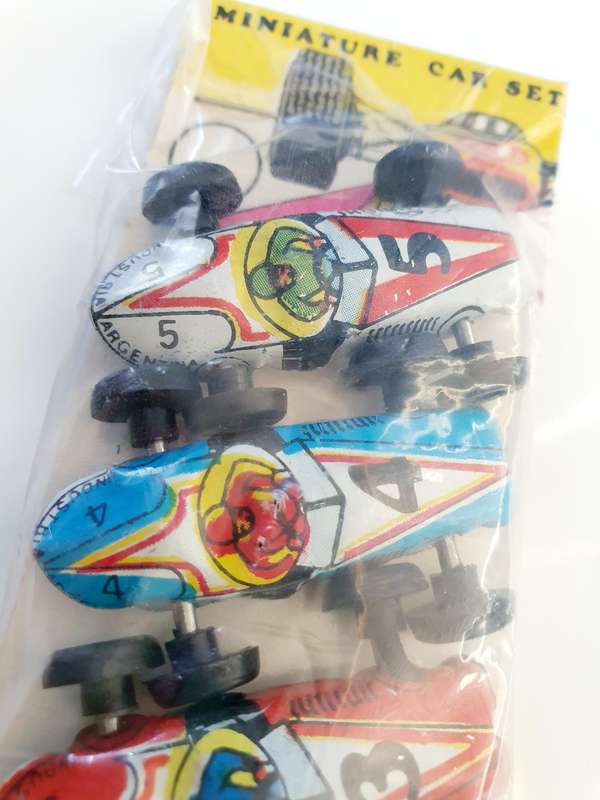 SET OF 5 VTG. MINI TIN CARS - MADE IN ARGENTINA - ORIGINAL PACKAGING