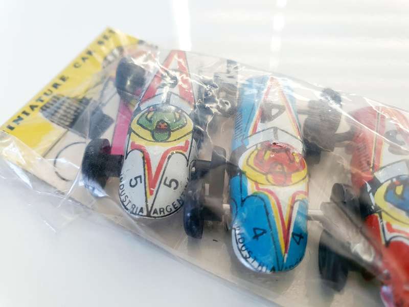 SET OF 5 VTG. MINI TIN CARS - MADE IN ARGENTINA - ORIGINAL PACKAGING