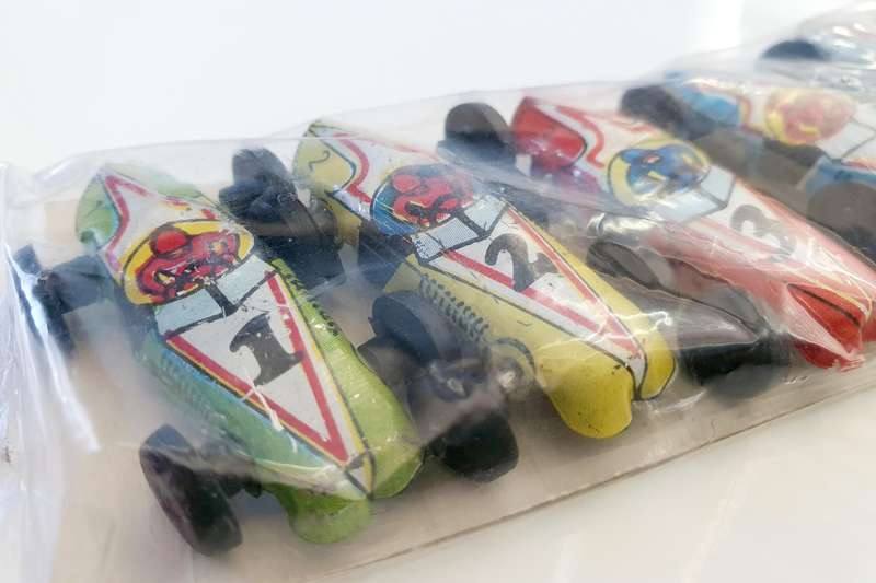 SET OF 5 VTG. MINI TIN CARS - MADE IN ARGENTINA - ORIGINAL PACKAGING