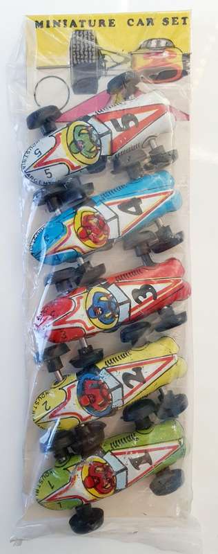 SET OF 5 VTG. MINI TIN CARS - MADE IN ARGENTINA - ORIGINAL PACKAGING