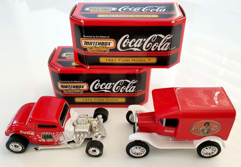 2 x MATCHBOX COCA COLA COLLECTIBLES - 1921 FORD MODEL T & 1933 FORD COUPE - EXCELLENT FIND