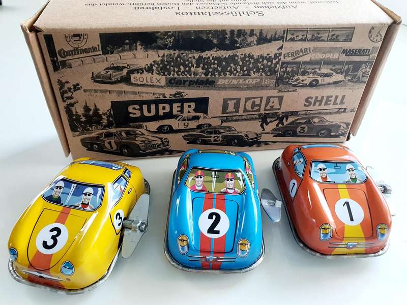 3 x GERMAN TIN TOY WIND UP CARS - TOP CONDITION IN ORIGINAL BOX