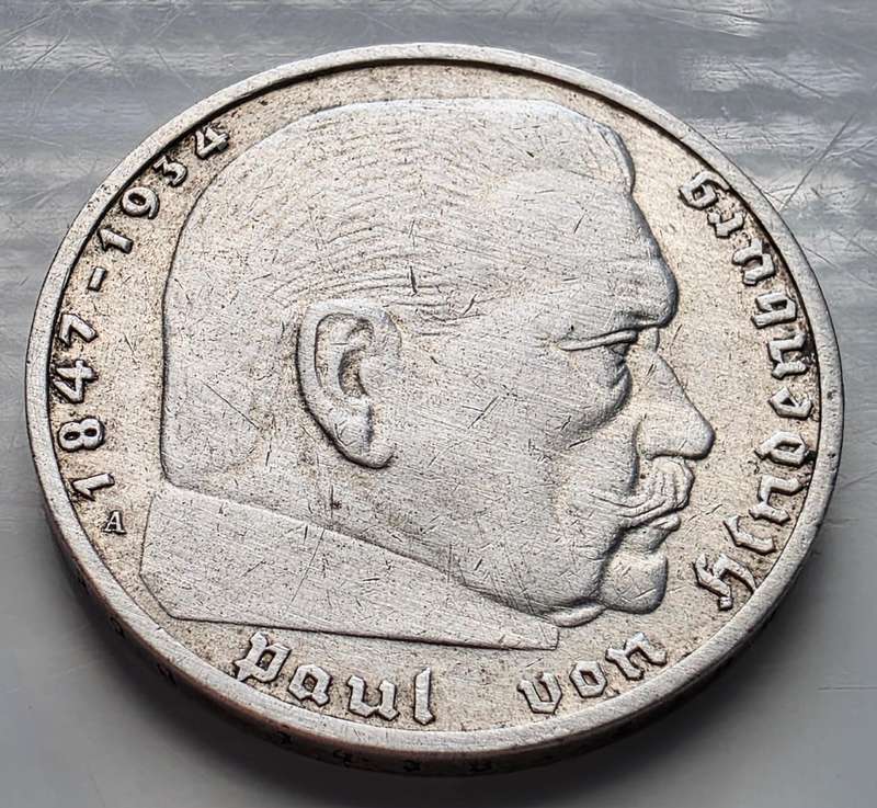1938 A - 2 DEUTSCHE REICHSMARK - SILVER - SWASTIKA/ HINDENBURG - RARE PIECE