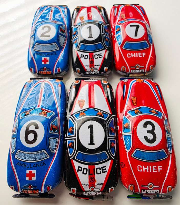 6 x NOMURA JAPANESE TIN TOY CARS - APP. AROUND 1950 - PRISTINE CONDITION