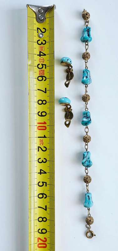 ANTIQUE REAL TURQUOISE GEM STONE BRONZE BRACELET WITH CLIP ON EARRINGS
