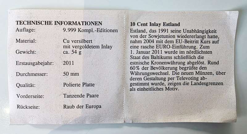 GOLD/ SILVER PLATED - 50MM - EUROPEAN CURRENCIES "10 EURO CENT INLAY" - WITH CERTIFICATE AND CAPSULE