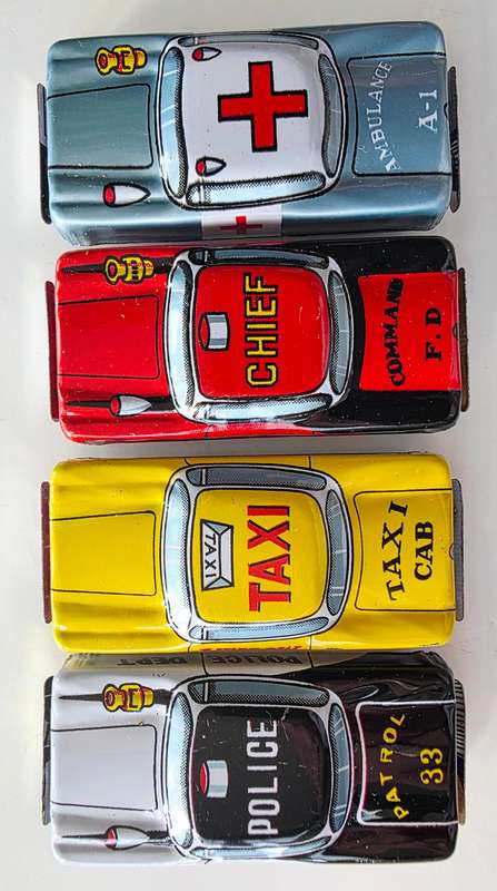 4 x NOMURA JAPANESE TIN TOY CARS - APP. AROUND 1950 - PRISTINE CONDITION