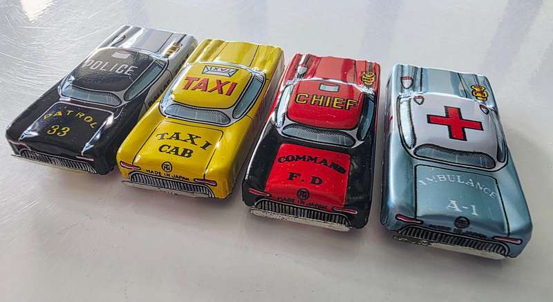 4 x NOMURA JAPANESE TIN TOY CARS - APP. AROUND 1950 - PRISTINE CONDITION