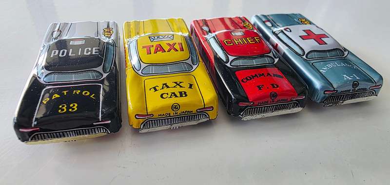 4 x NOMURA JAPANESE TIN TOY CARS - APP. AROUND 1950 - PRISTINE CONDITION