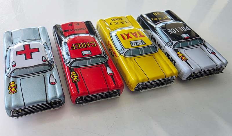4 x NOMURA JAPANESE TIN TOY CARS - APP. AROUND 1950 - PRISTINE CONDITION