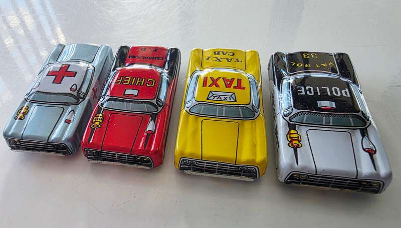 4 x NOMURA JAPANESE TIN TOY CARS - APP. AROUND 1950 - PRISTINE CONDITION