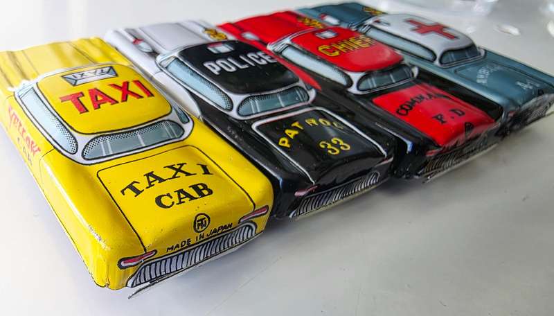 4 x NOMURA JAPANESE TIN TOY CARS - APP. AROUND 1950 - PRISTINE CONDITION