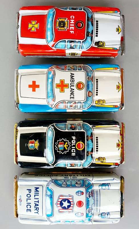 4X 1950 VINTAGE JAPANESE ORIGINAL NOMURA TIN CARS IN EXCELLENT CONDITION - HIGH VALUE COLLECTIBLES