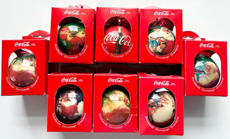 8 STUNNING 1993 COCA COLA HANDMADE DECOUPAGE CHRISTMAS ORNAMENTS