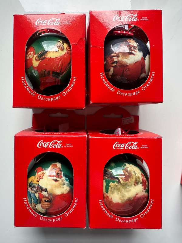 8 STUNNING 1993 COCA COLA HANDMADE DECOUPAGE CHRISTMAS ORNAMENTS