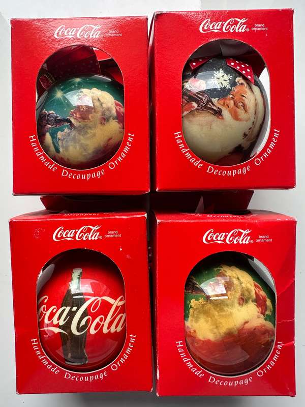 8 STUNNING 1993 COCA COLA HANDMADE DECOUPAGE CHRISTMAS ORNAMENTS