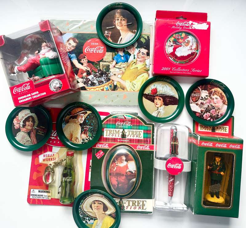 1990-2007 ULTIMATE VINTAGE COCA-COLA COLLECTORS HAMPER  PENS, ORNAMENTS, TRAYS, KEYCHAIN & MORE!