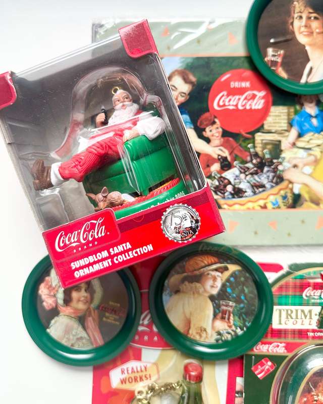 1990-2007 ULTIMATE VINTAGE COCA-COLA COLLECTORS HAMPER  PENS, ORNAMENTS, TRAYS, KEYCHAIN & MORE!