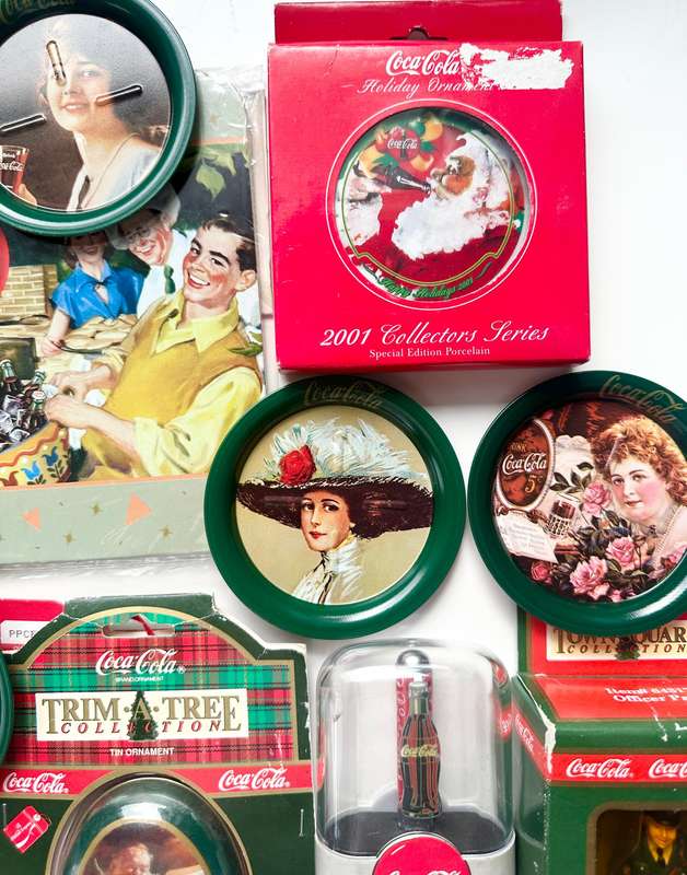 1990-2007 ULTIMATE VINTAGE COCA-COLA COLLECTORS HAMPER  PENS, ORNAMENTS, TRAYS, KEYCHAIN & MORE!
