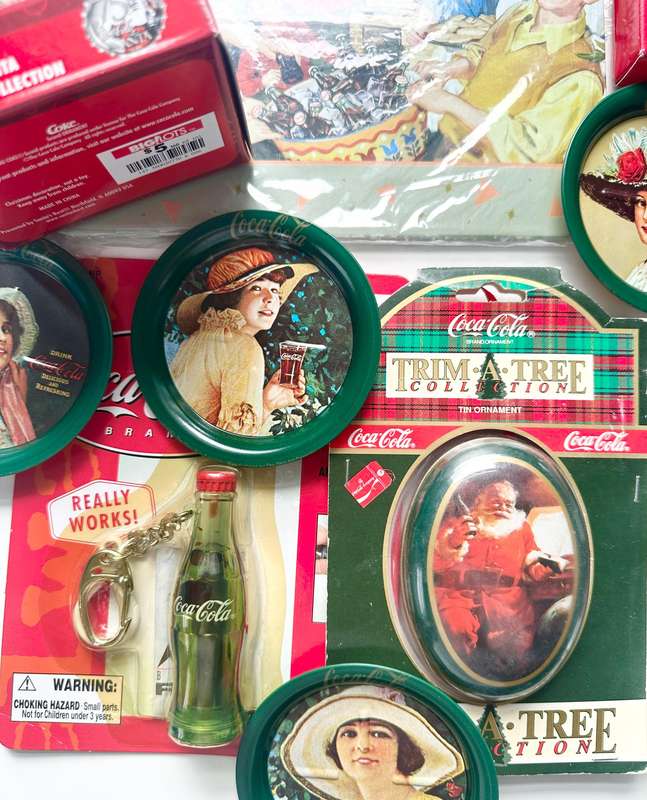 1990-2007 ULTIMATE VINTAGE COCA-COLA COLLECTORS HAMPER  PENS, ORNAMENTS, TRAYS, KEYCHAIN & MORE!