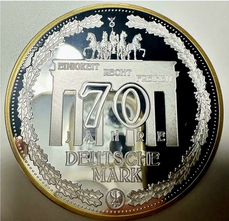 EXQUISITE 70MM TOP MEDAL - 70 YEAR OF THE INTRODUCTION OF THE D-MARK - WITH CERTIFICATE AND SEALED