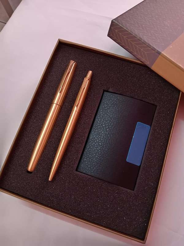 PARKER GOLD BALL  PEN & ROLLER PEN SET - GT - BLUE INK -WITH PARKER GIFT BOX & CARD HOLDER