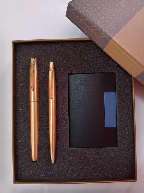 PARKER GOLD BALL  PEN & ROLLER PEN SET - GT - BLUE INK -WITH PARKER GIFT BOX & CARD HOLDER