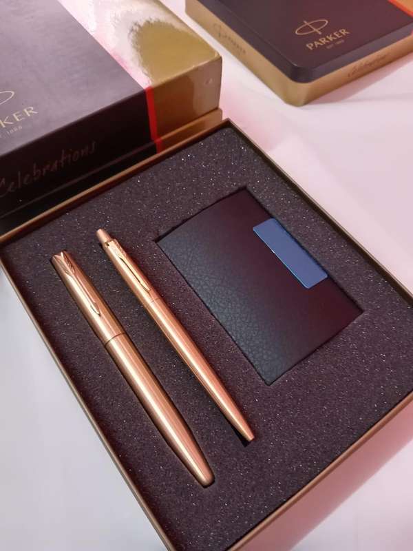 PARKER GOLD BALL  PEN & ROLLER PEN SET - GT - BLUE INK -WITH PARKER GIFT BOX & CARD HOLDER